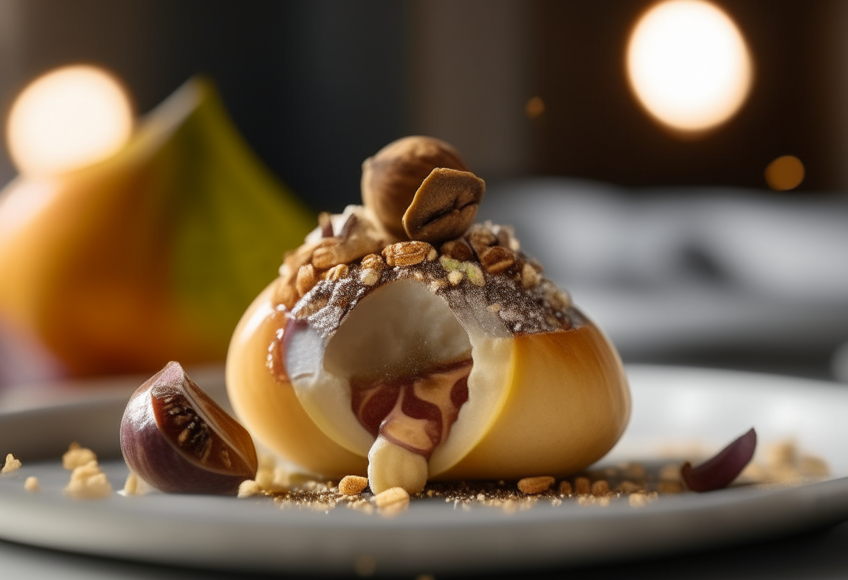 A close up of a fig stuffed with ricotta cheese, sprinkled with crushed almonds, cinnamon and drizzled with honey, on a backdrop of a traditional Palermo kitchen