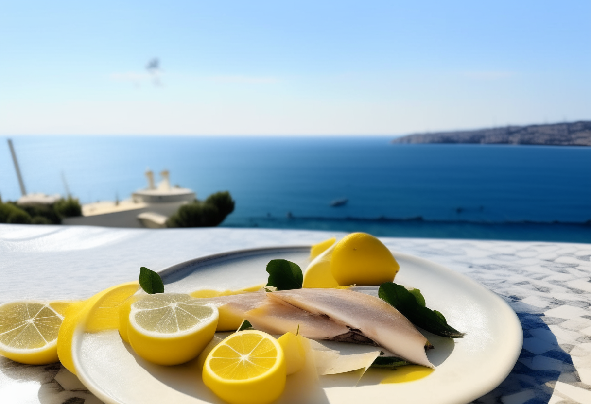 Thinly sliced raw swordfish with lemon, olive oil and mint leaves on a white plate, with the sea and sky of coastal Palermo in the background