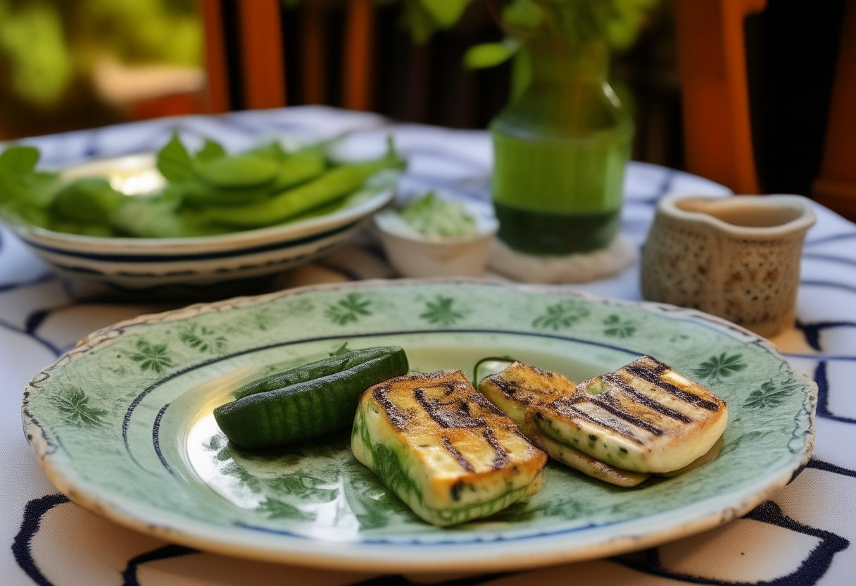 Grilled Halloumi cheese, cucumber slices and mint leaves on a plate, with traditional Cypriot pottery and textiles in the background