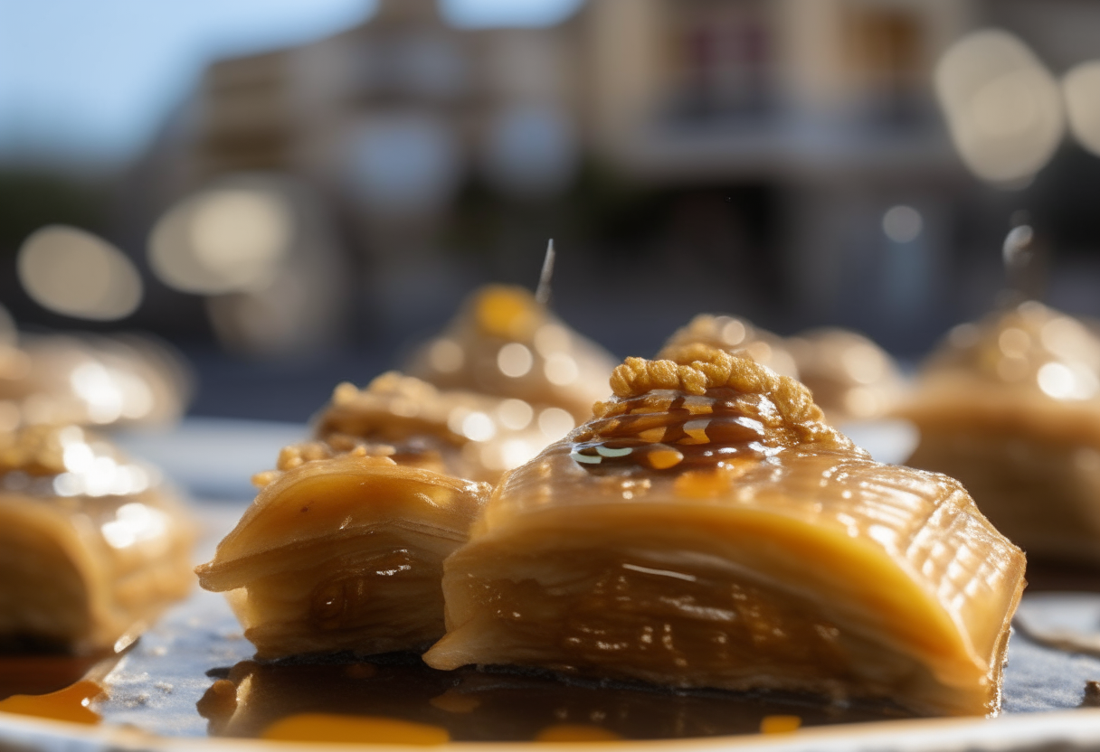 A close up view of baklava drizzled with honey and chopped walnuts, with Nicosia architecture and street life in the background