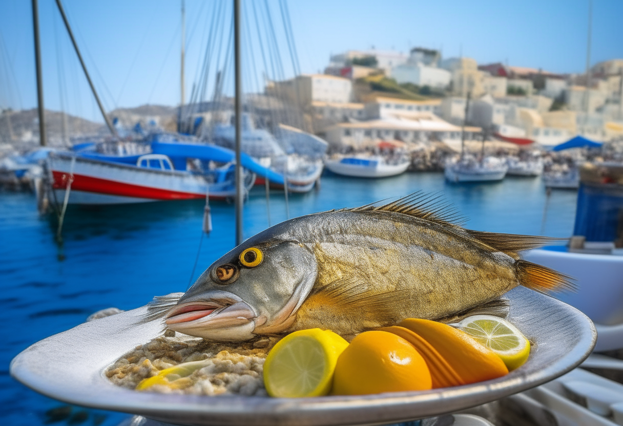 A whole grilled sea bream fish garnished with lemon slices and oregano, with a backdrop of a Cypriot fishing harbor and colorful boats