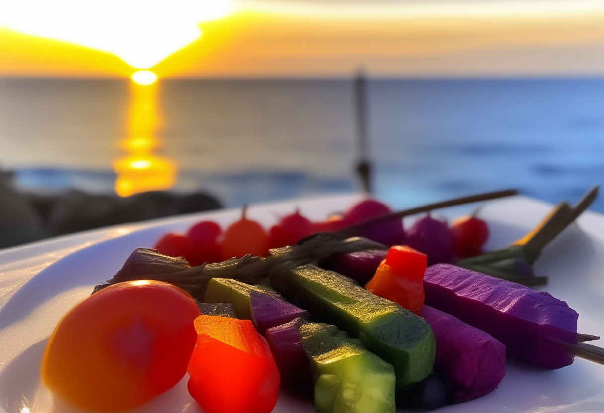 Colorful grilled vegetable skewers with red bell pepper, green zucchini and purple onion against a backdrop of the sun setting over the Mediterranean sea in Nicosia