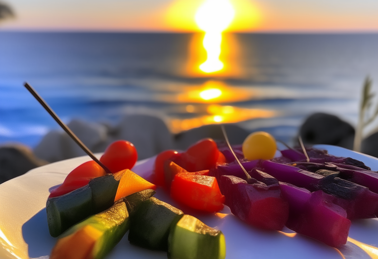 Colorful grilled vegetable skewers with red bell pepper, green zucchini and purple onion against a backdrop of the sun setting over the Mediterranean sea in Nicosia