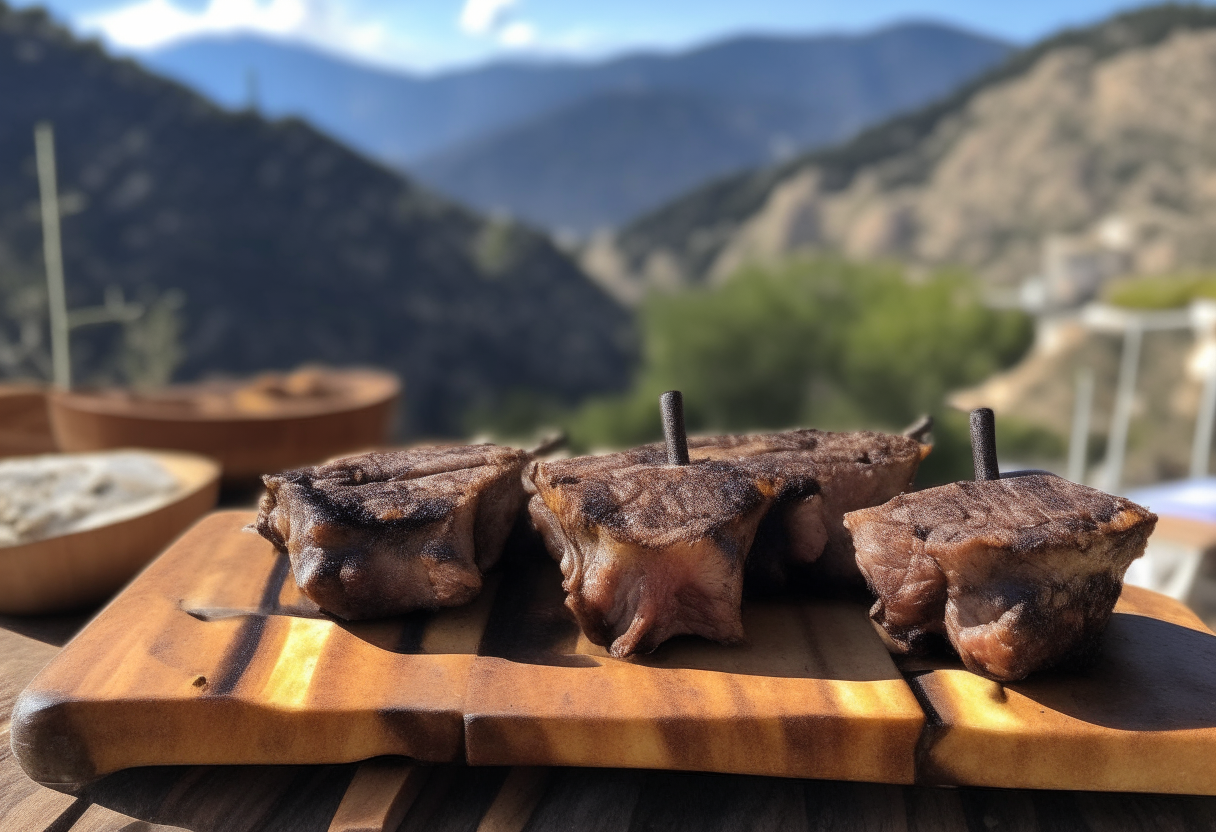 Juicy grilled lamb chops seasoned with herbs on a wooden board, with the rugged mountains of Nicosia, Cyprus in the background