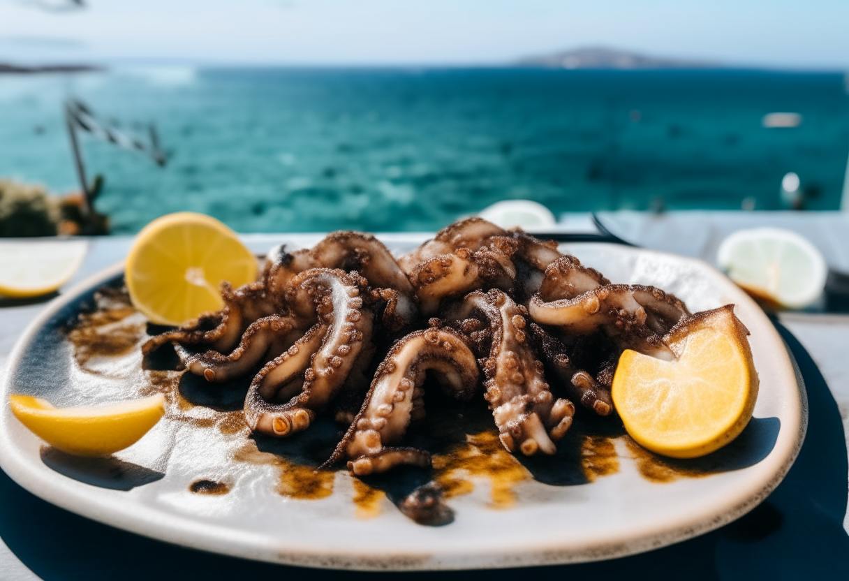 Grilled octopus tentacles drizzled with lemon and oregano sauce against a backdrop of the crystal clear Mediterranean sea in Nicosia, Cyprus