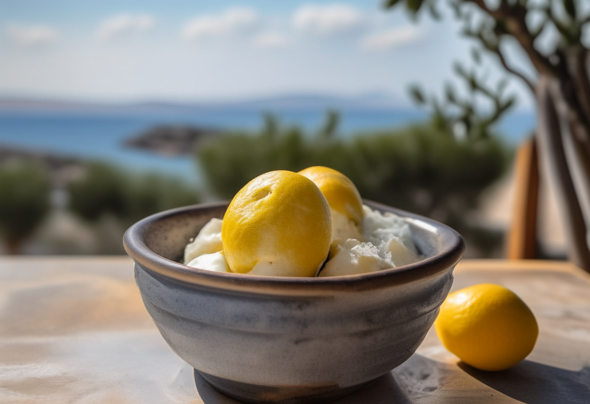 Lemon and olive oil ice cream served in a rustic bowl, drizzled with olive oil and sprinkled with sea salt, against a backdrop of the Mediterranean landscape in Nicosia, Cyprus