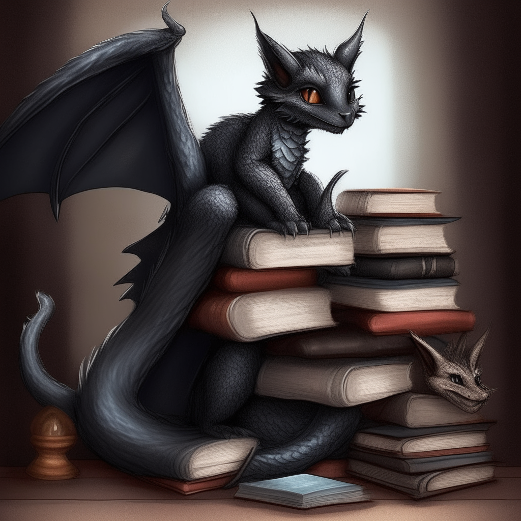 A black dragon and gray kitten sitting on top of a stack of old books in a cozy library. The dragon's wings and tail are draped over the books as the kitten bats at its tail.