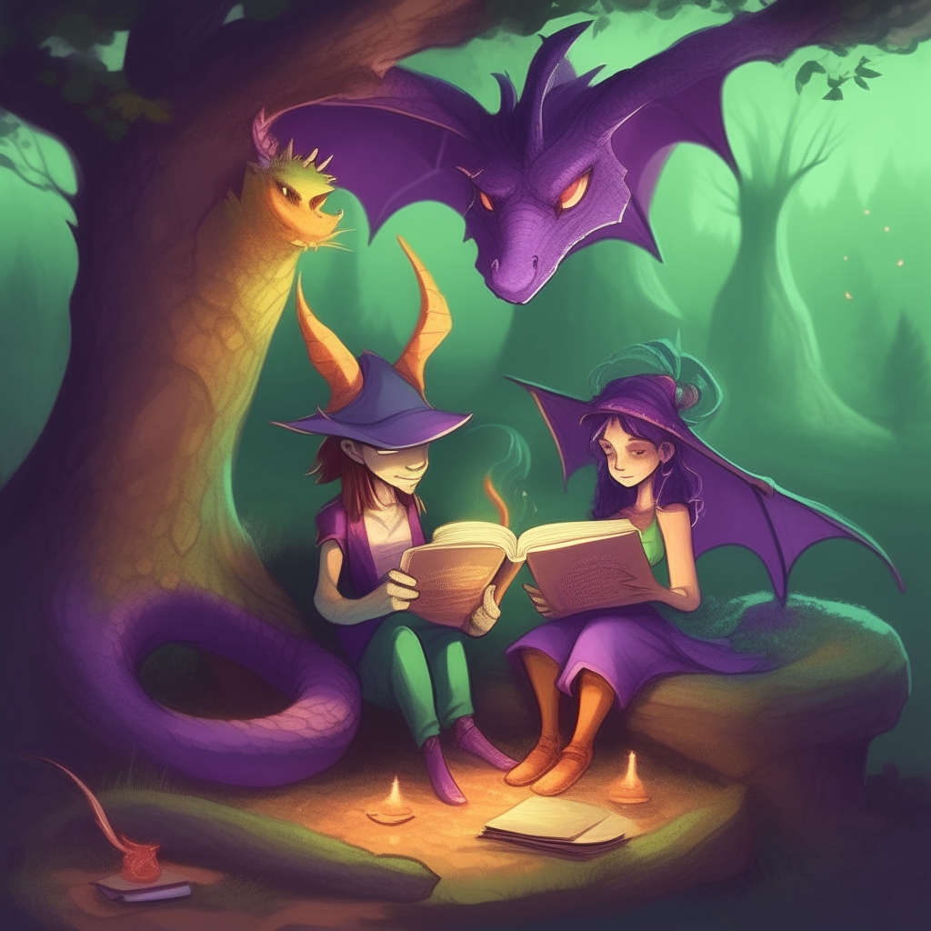 Two young witches sitting under a tree, reading spell books together. A purple dragon and green dragon nap nearby.