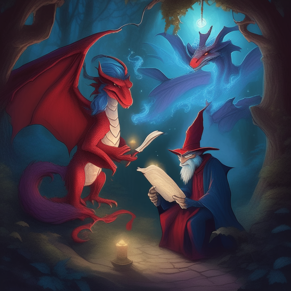 Two wizards in a secret garden, reading by wandlight. A red dragon and blue dragon playfully chase each other overhead.