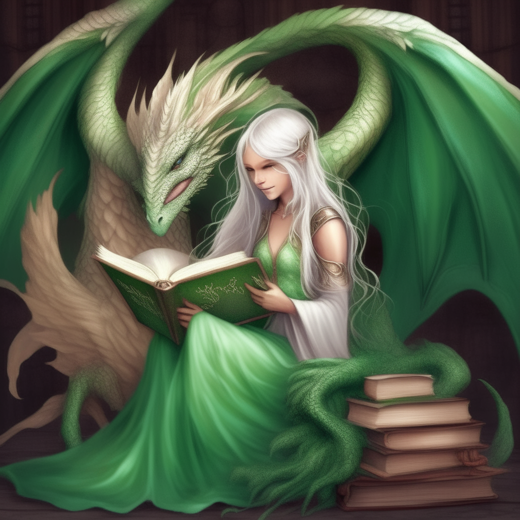 A beautiful angel with long white hair and wings reading a story to a green dragon.