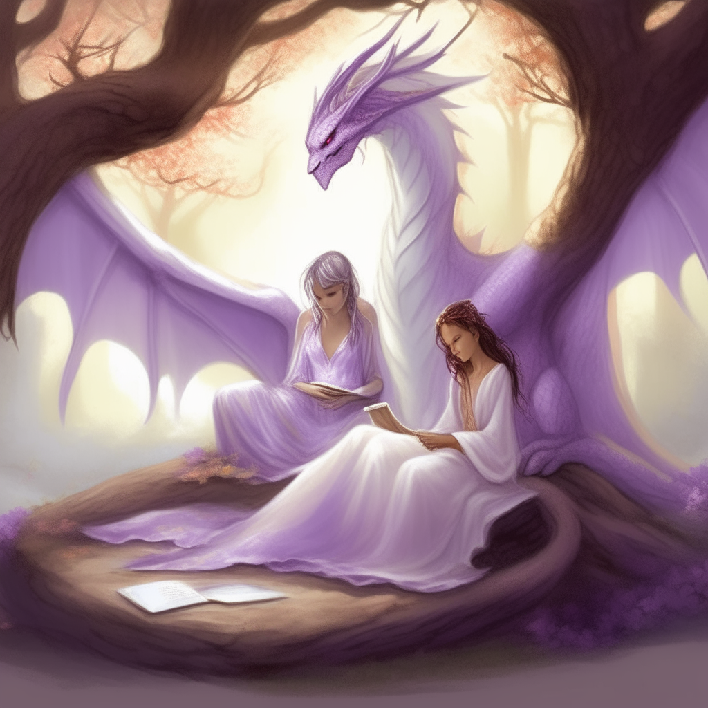 A beautiful angel in a flowing white robe sits under a tree, reading a book aloud to a purple dragon who listens intently.