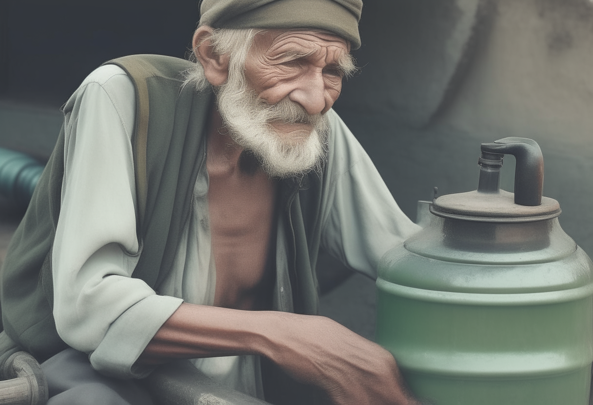 An old man with tank of water 