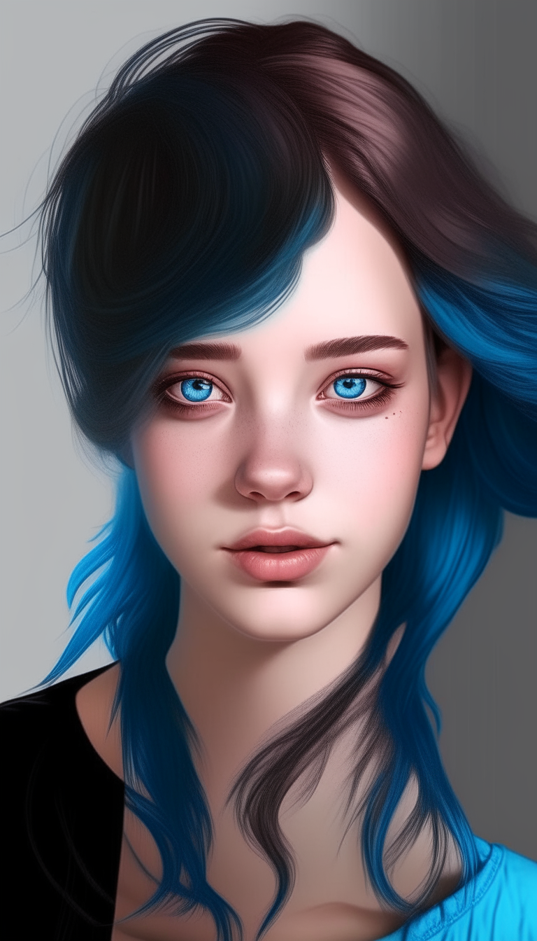 shorten the face and change the hair to light brown and long, also make the eyes bright blue