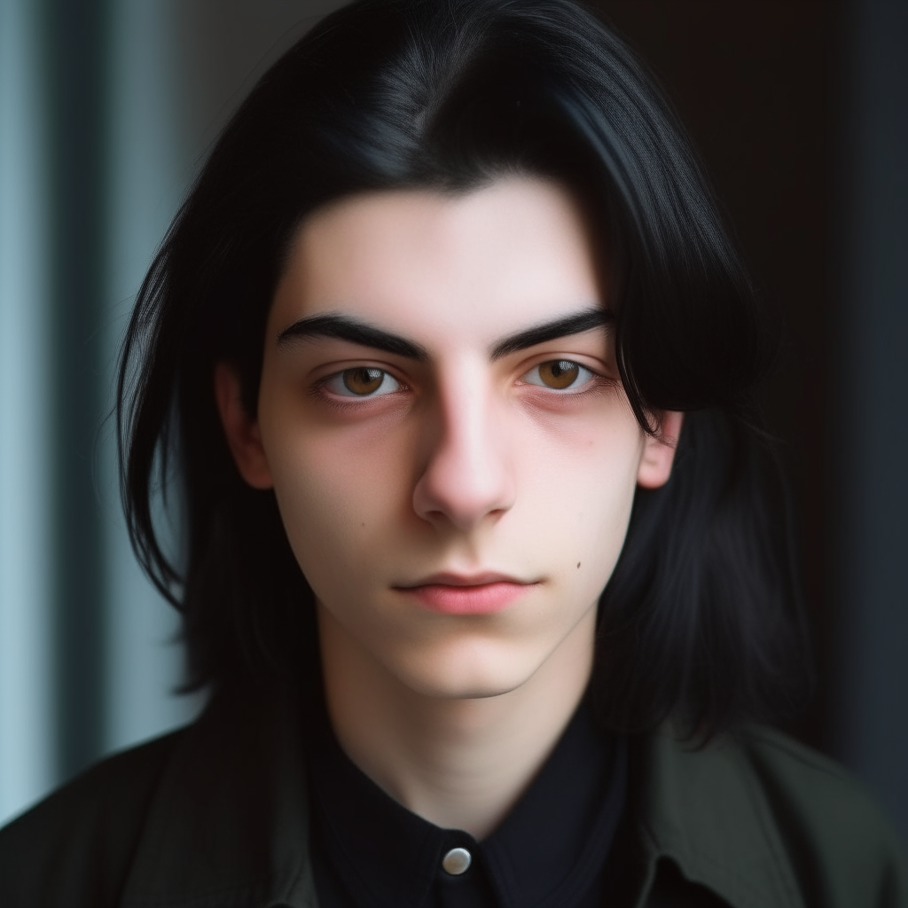 portrait of Eric, a 20-year-old French person with androgynous features, long black hair, light eyes, incredibly attractive