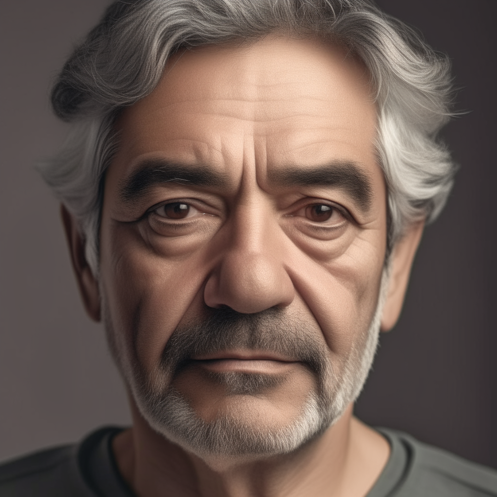 portrait of Dido, a 50+ year old Spanish man with gray hair, large facial features, age wrinkles and a plump build