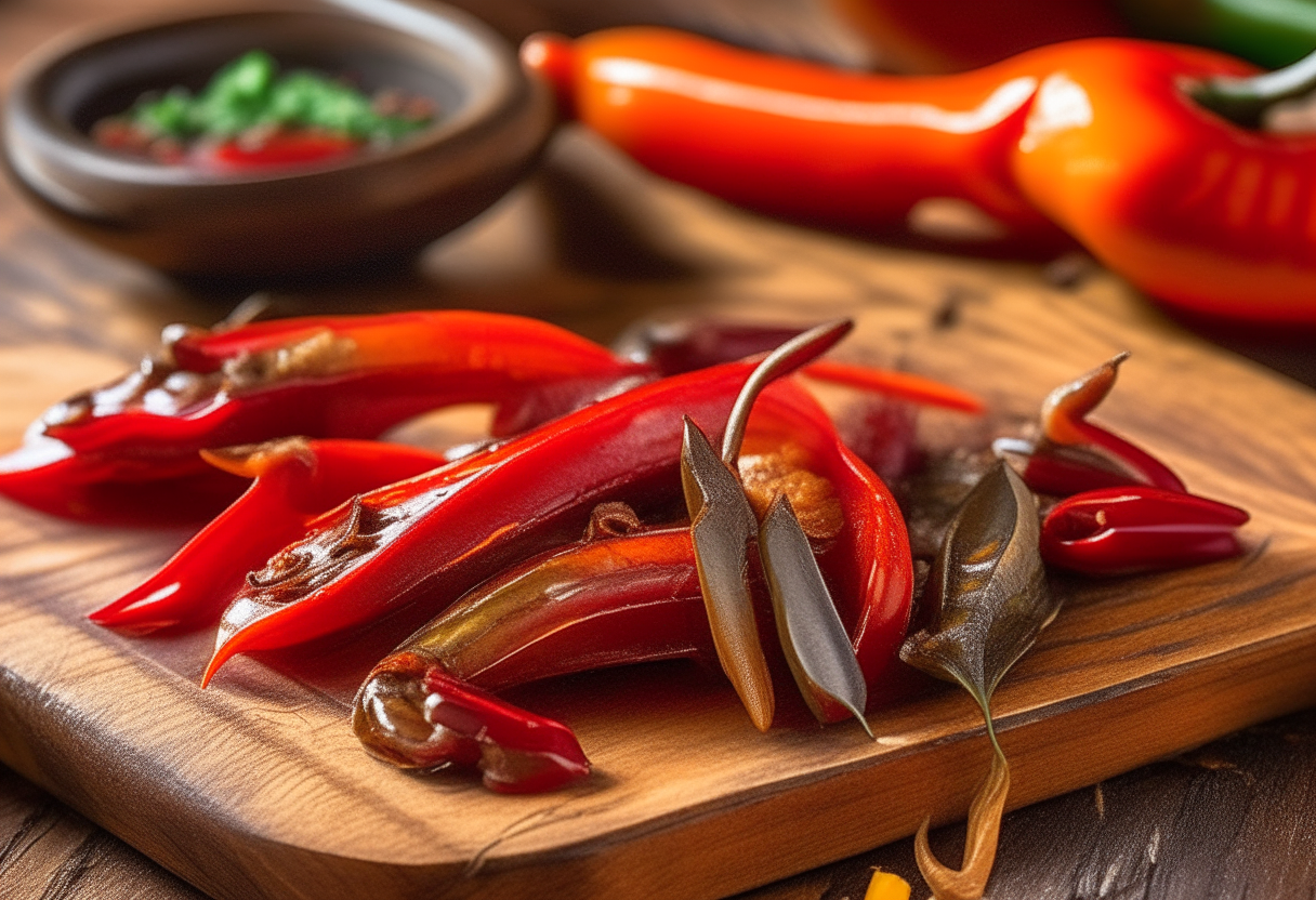 Roasted bell peppers and anchovy fillets on a rustic wooden board with garlic cloves and olive oil drizzled on top. The name Roasted Bell Peppers with Anchovy displayed elegantly. Vibrant red peppers contrasting with the silver anchovy fillets.