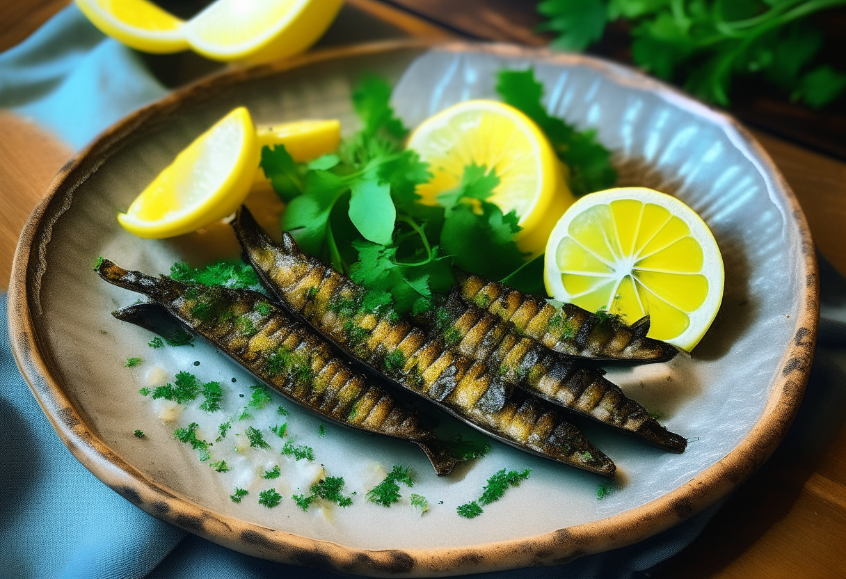 Grilled sardines with crisp, golden skin laid atop charred lemon slices and chopped parsley. Vibrant pops of green parsley sprinkled over the top. Name of the recipe Grilled Sardines with Lemon and Parsley elegantly displayed.