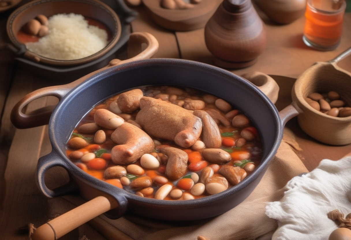 Cassoulet stew with white beans, duck confit, Toulouse sausages, and pork shoulder in an earthenware dish, with a wooden spoon, on a rustic wooden table with garlic cloves and tomatoes. Title 'Quick Cassoulet à la Perpignan' displayed elegantly.