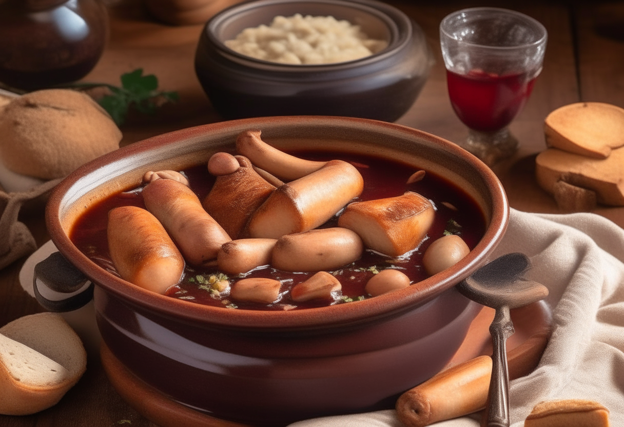 Cassoulet stew with white beans, confit duck leg, Toulouse sausages, and pork belly slices in an earthenware dish, with a baguette, garlic, and red wine on a wooden table. Title 'Cassoulet à la Perpignan' in cursive font.