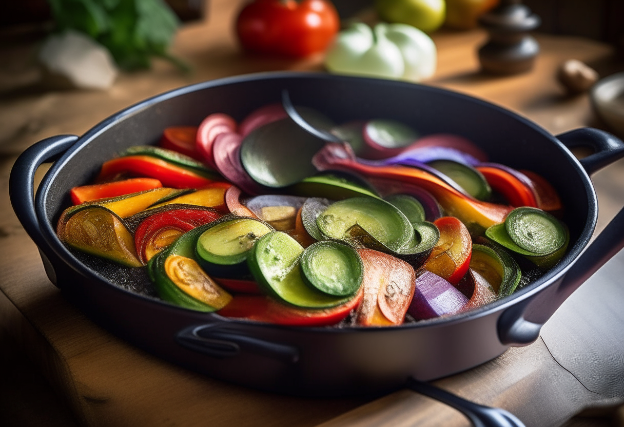 Ratatouille vegetables including tomatoes, zucchini, eggplant, peppers, and onions sautéed together in a cast iron skillet. Rustic French countryside kitchen background.