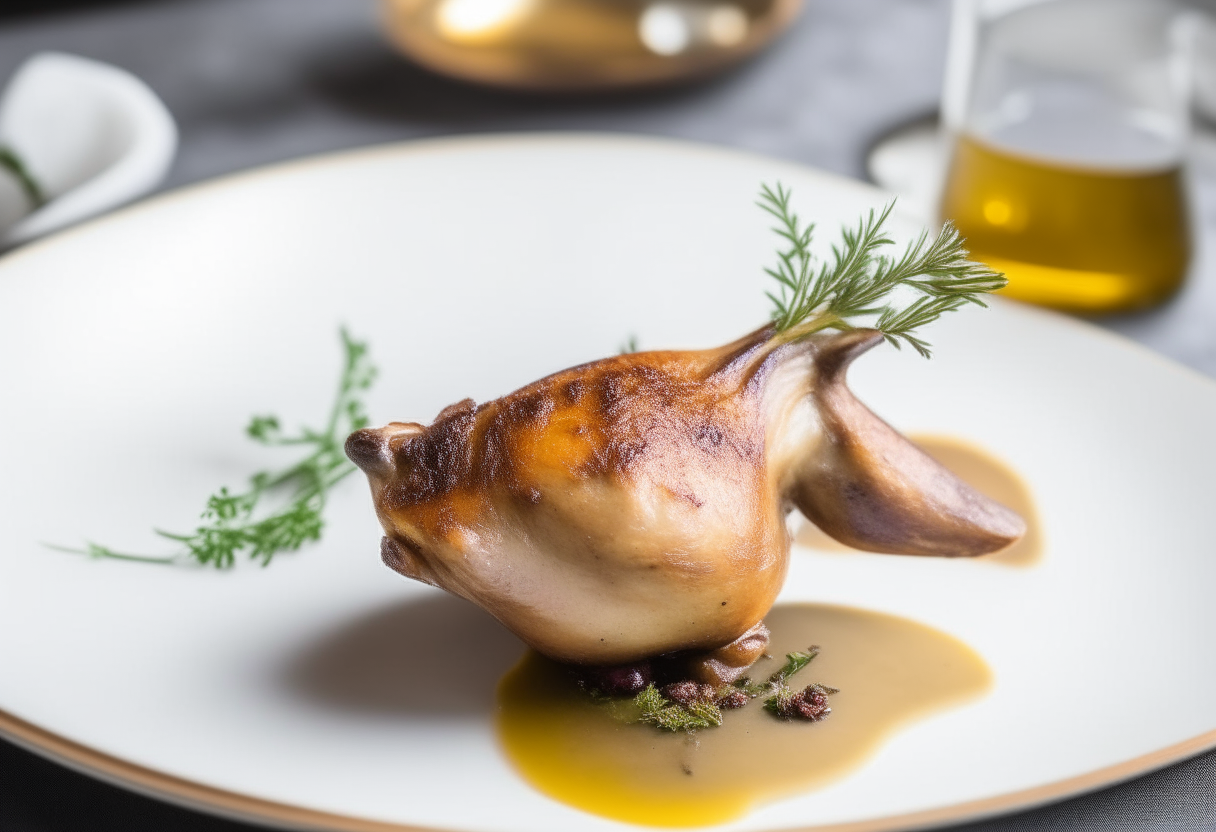 Crispy duck leg confit with thyme and garlic on a white plate. Rustic French kitchen background. Title 'Quick Duck Confit' in cursive font.