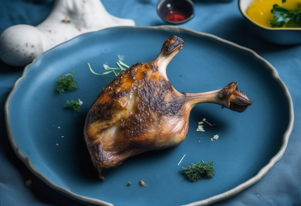 Crispy duck leg confit with thyme, garlic and lemon slices on a vintage blue plate. 'Confit de Canard' handwritten on a chalkboard background.