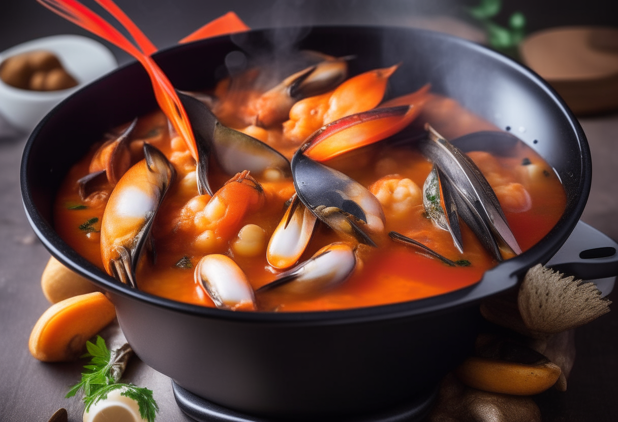 Bouillabaisse seafood stew with mussels, shrimp, fish, and tomatoes in a cast iron pot. Steam rising, olive oil and garlic in background. Title 'Bouillabaisse' in bold stylish font.