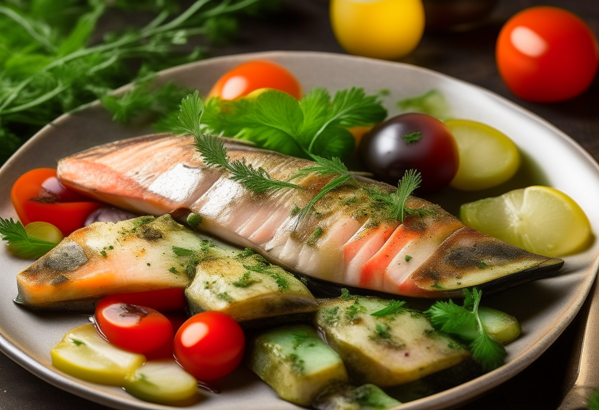 Grilled fish fillets with red tomatoes, green olives, and parsley on a plate. Olive oil drizzled over the top. Rustic background. Title 'Fresh Fish Salad' in bold modern font.