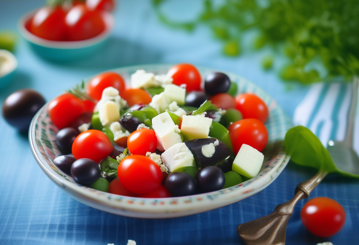 Cherry tomatoes, olives, cucumber and feta cheese salad on a blue and white tablecloth background. Olive oil drizzled on top. Title 'Greek Tomato and Feta Salad' in an elegant font.