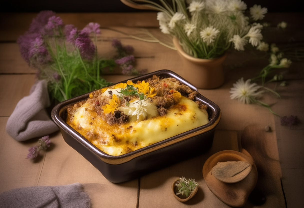 Layered moussaka casserole in a handmade ceramic baking dish with intricate designs on a rustic wooden table with a small vase of wildflowers. The top layer of cheese is golden and bubbling. Title 'Quick Moussaka' elegantly handwritten at the bottom.