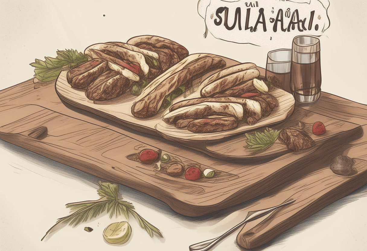 Rustic wooden table with platter of Souvlaki pita sandwiches filled with grilled meat and fresh toppings. Title 'Quick Souvlaki' elegantly handwritten at bottom with small olive branch illustration.