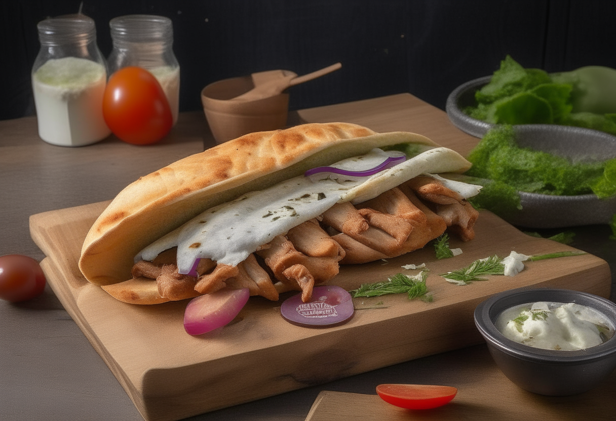 Wooden table with souvlaki pitas filled with chicken, tomatoes, onion and tzatziki sauce. Title 'Quick Souvlaki' handwritten on a chalkboard.