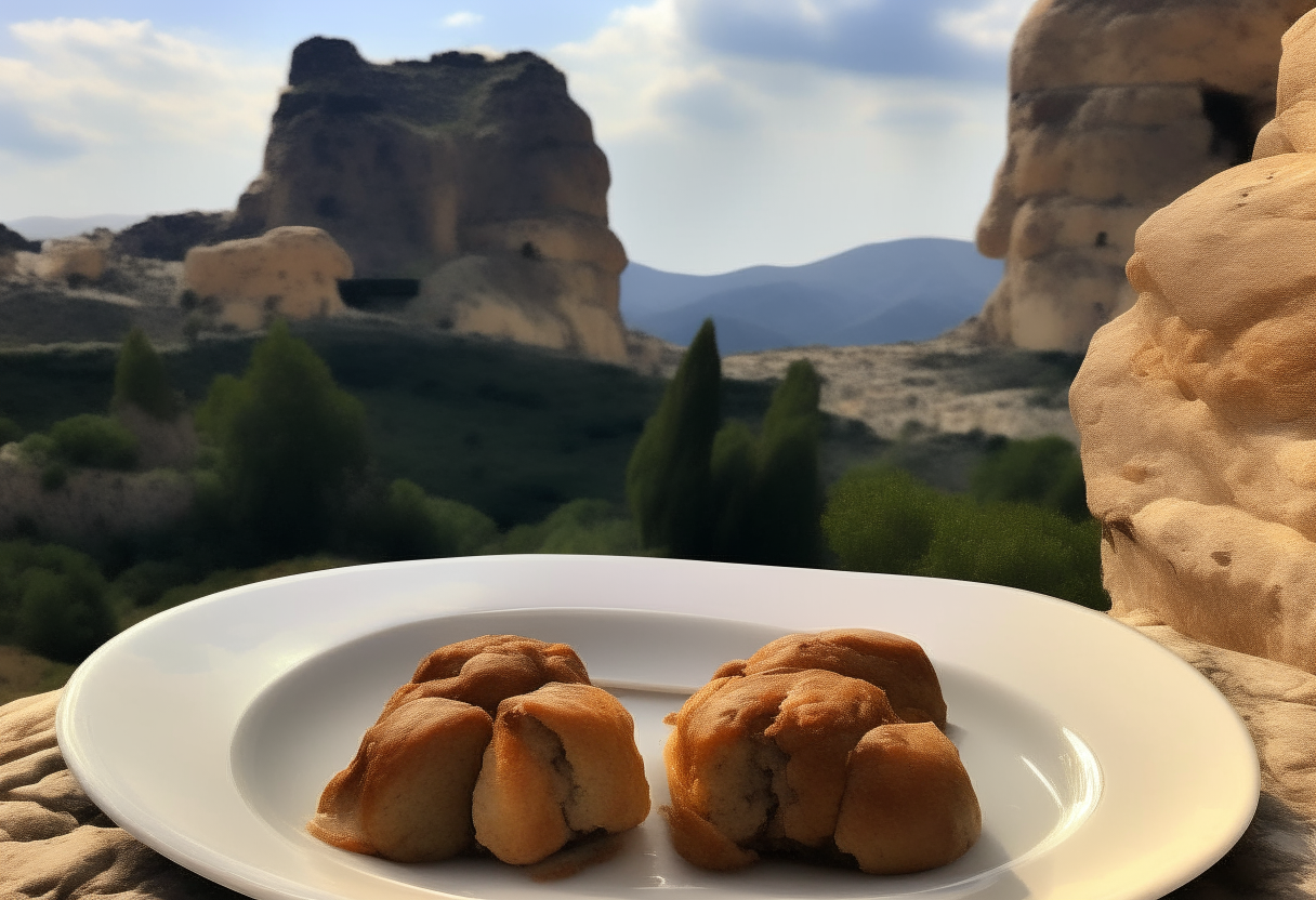 Baklava cakes on a white plate with the Meteora monasteries on cliffsides in the background.