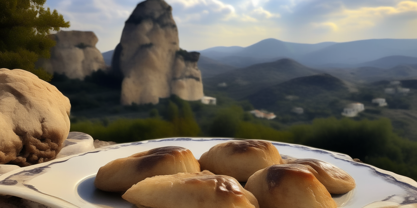 Baklava filo pastries on a white plate with the Meteora monasteries on cliffsides in the background.