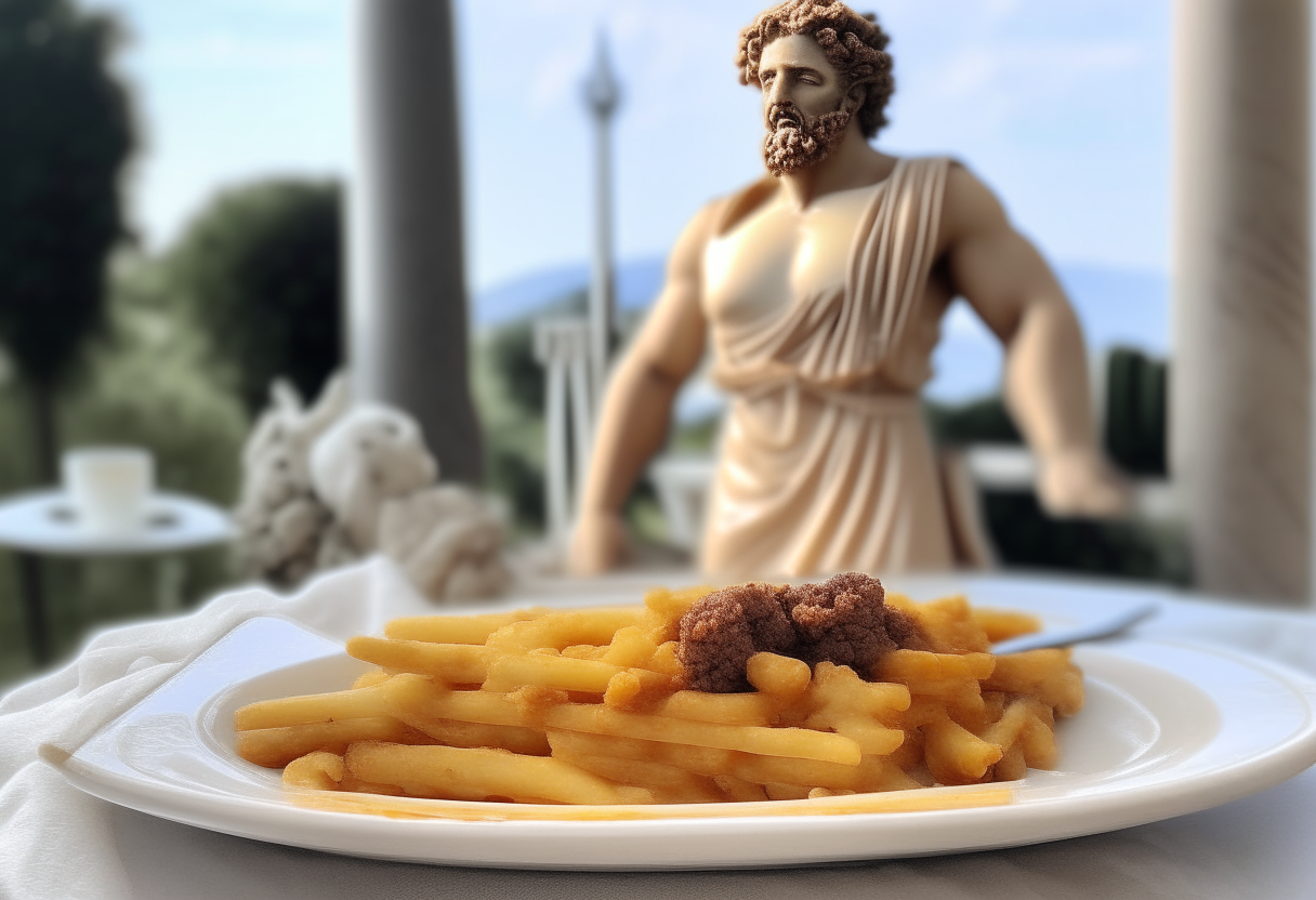 Pastitsio baked pasta dish on a white plate with the bronze Leonidas statue in the background.