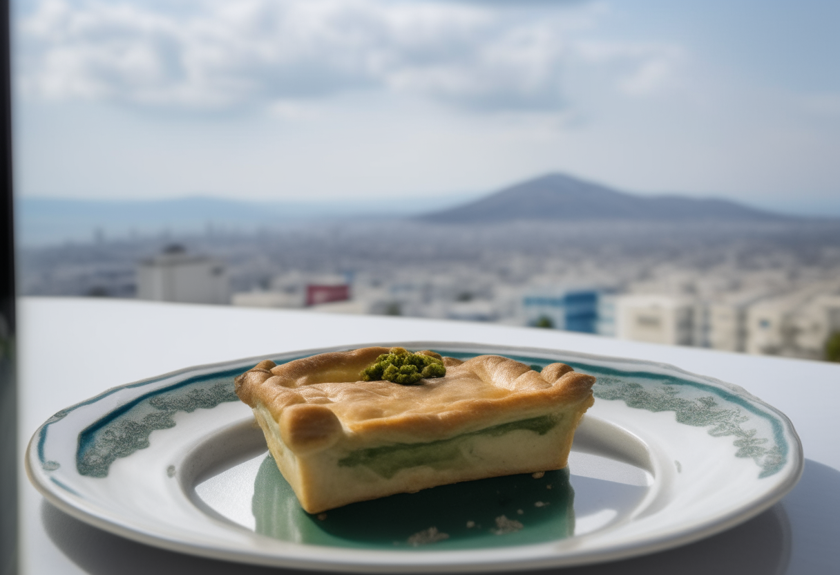 Spanakopita spinach pie on a white plate with the cityscape of Marathon, Greece in the hazy background.