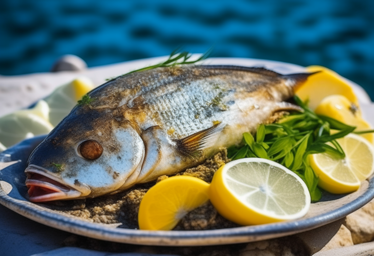 Grilled whole sea bream fish with lemon slices and oregano on a plate. Vibrant colors enhance the fresh fish and herbs. Background shows the beautiful Greek island coastline.