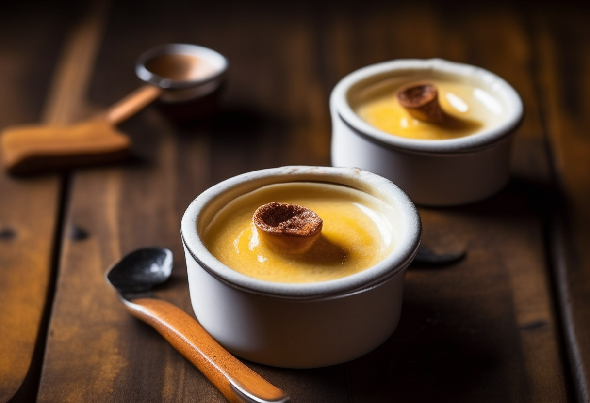 Two ramekins filled with creamy crema catalana custard topped with caramelized sugar on a rustic wooden table. Cinnamon stick and lemon peels lay nearby.