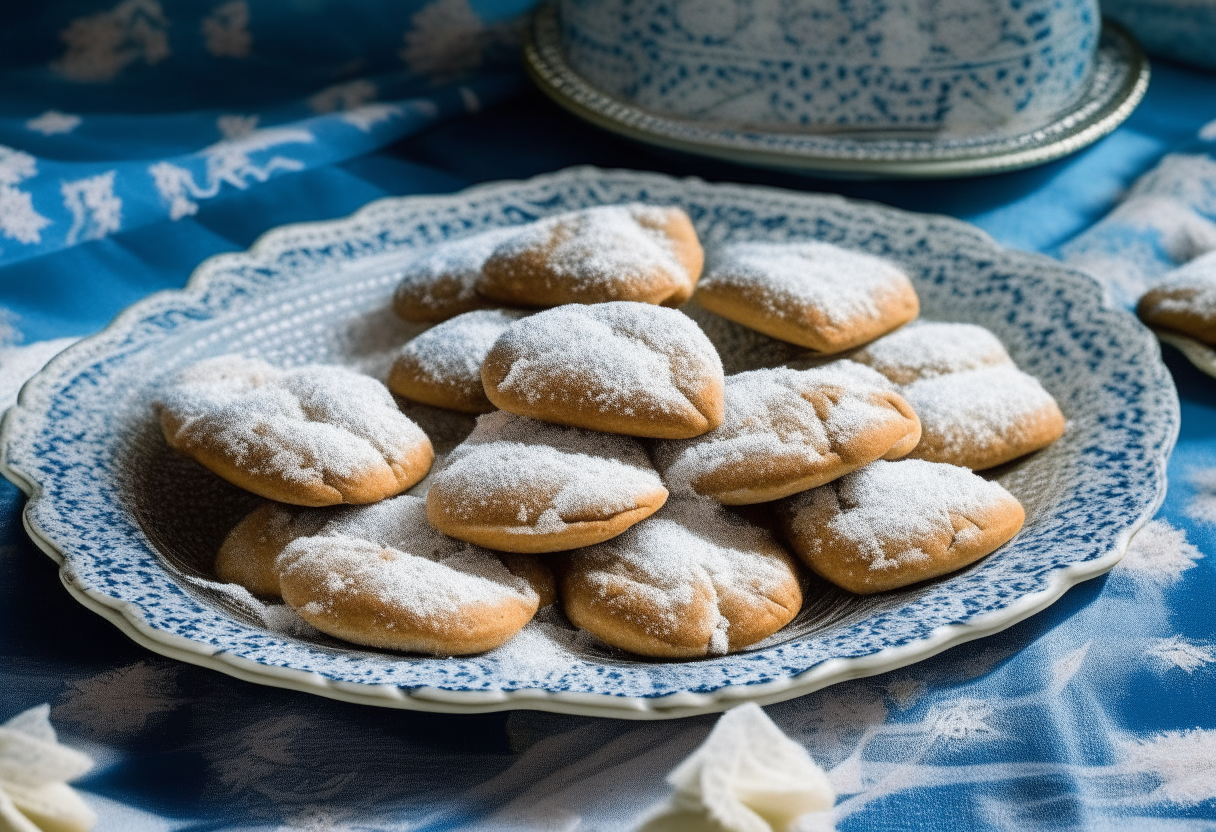 Greek butter cookies dusted with powdered sugar on a blue and white checkered tablecloth. Chopped almonds scattered around.