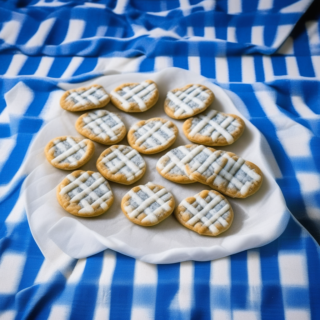 Greek butter cookies arranged in a circle on a blue and white checkered tablecloth, reminiscent of the Greek flag. The cookies are dusted with a generous amount of powdered sugar. There are chopped almonds scattered around the tablecloth.