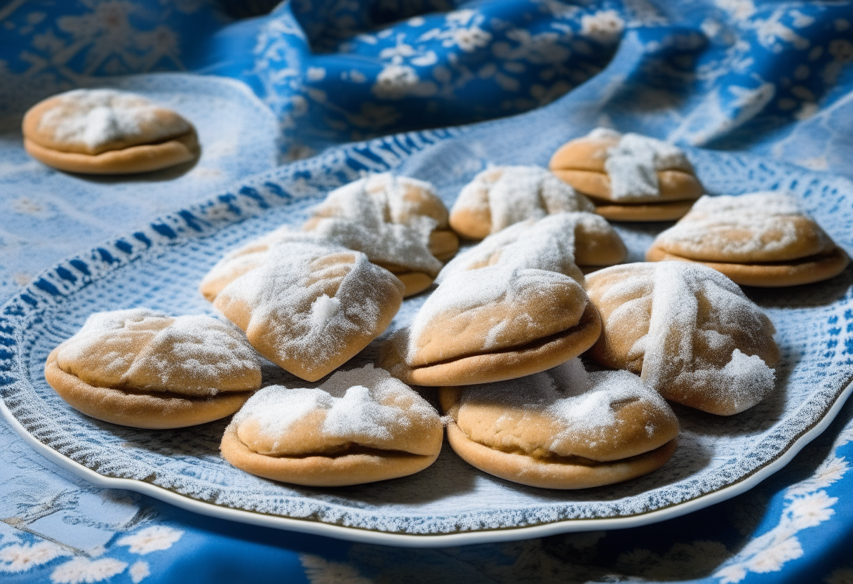 Greek butter cookies dusted with powdered sugar on a blue and white checkered tablecloth. Chopped almonds scattered around.