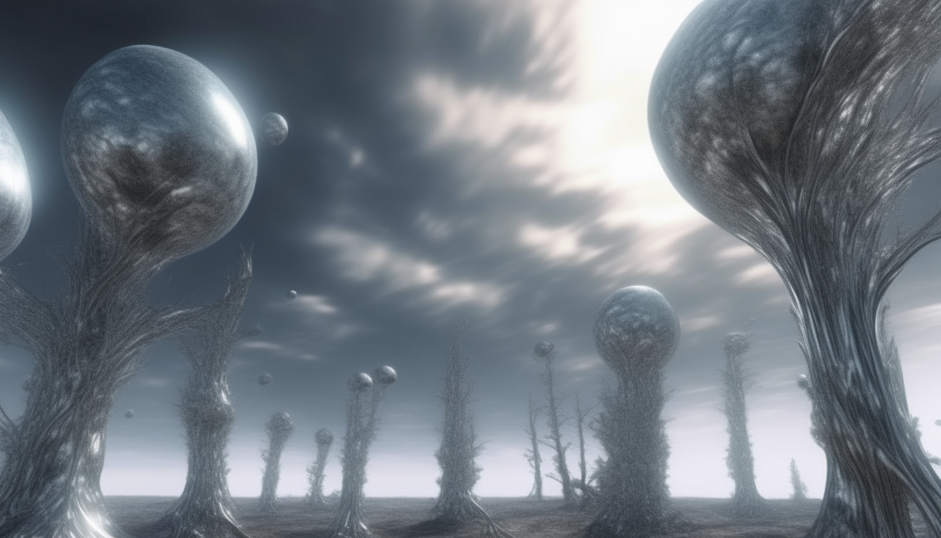 an alien landscape with silver chrome tree trunks and clear bubbles on the branches stretching into the distance, cloudy cosmic sky above with heavenly light shining down, extremely detailed intricate textures, 4k resolution, dark sci fi fantasy style, 16:9 aspect ratio