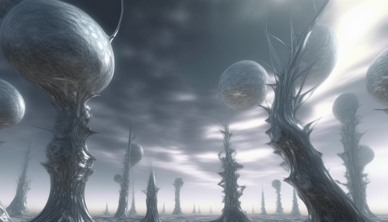 an alien landscape with silver chrome tree trunks and clear bubbles on the branches stretching into the distance, cloudy cosmic sky above with heavenly light shining down, extremely detailed intricate textures, 4k resolution, dark sci fi fantasy style, 16:9 aspect ratio