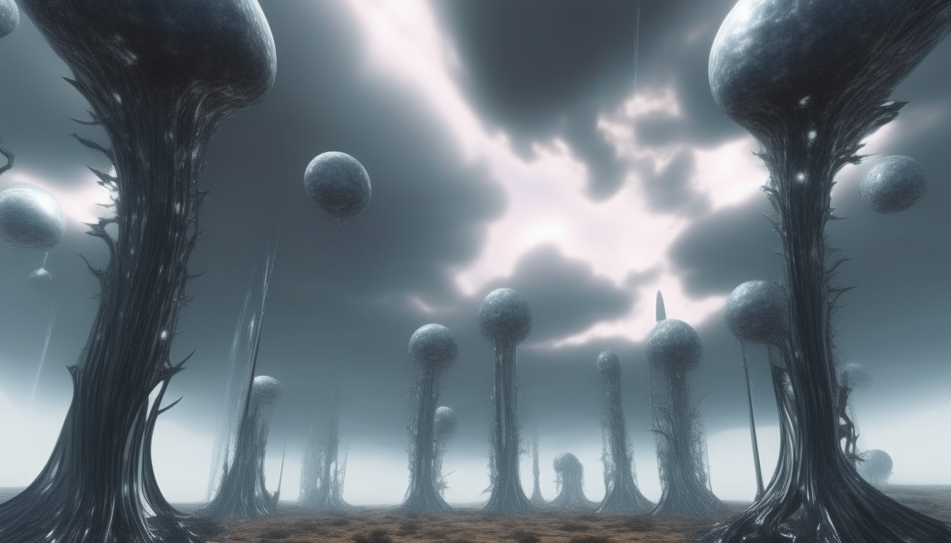 an alien landscape with silver chrome tree trunks and bubbles on branches stretching into the distance, a huge electric portal opening in the heavenly sky parting the clouds, extremely detailed, 4k resolution, 16:9 aspect ratio, dark sci-fi fantasy style