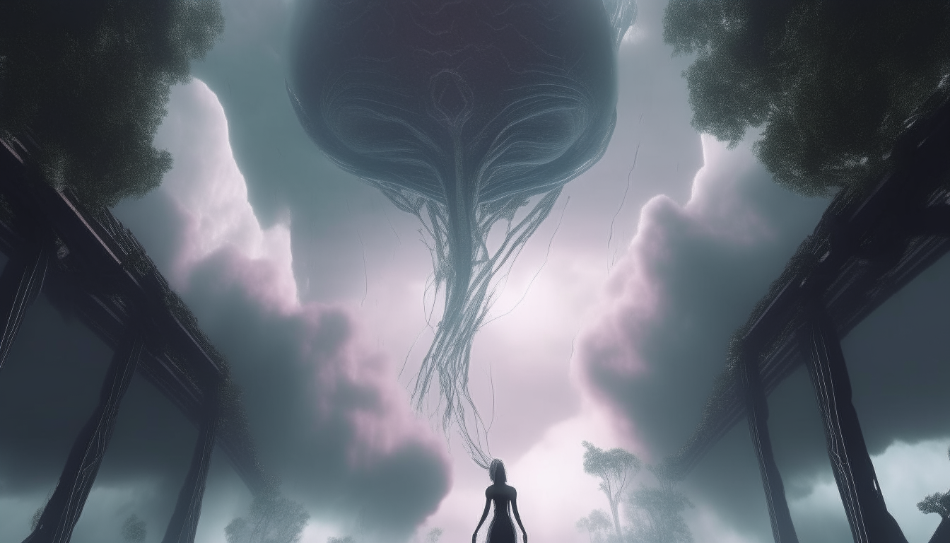 an alien goddess looking up at a huge electric portal opening in the clouds in an alien landscape, silver chrome trees stretch into the distance, extremely detailed, 4k resolution, 16:9 aspect ratio, dark sci-fi fantasy style