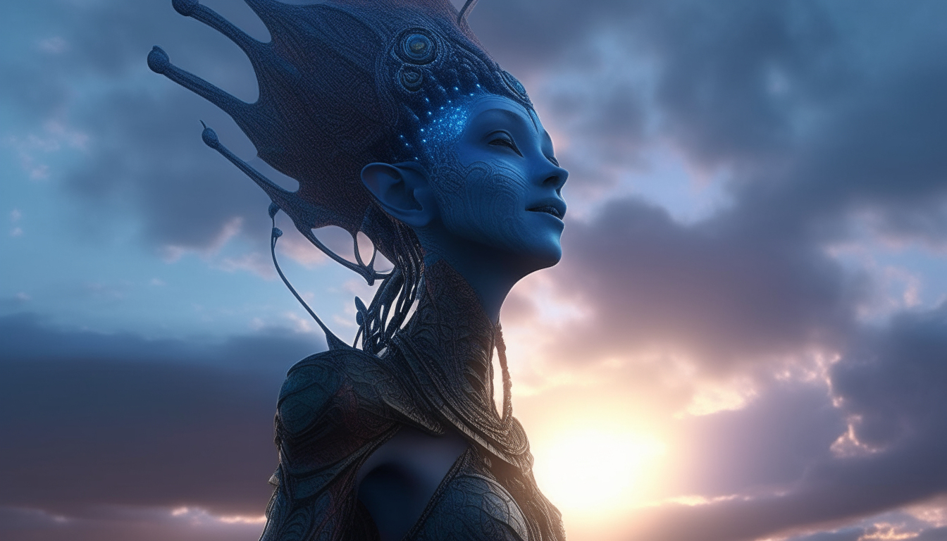 an alien goddess with blue skin and spiky tentacles looking up in wonder towards a cloudy sunsetting cosmic sky with heavenly light beams pushing through the clouds, extremely detailed, 4k resolution, 16:9 aspect ratio, dark sci-fi fantasy style