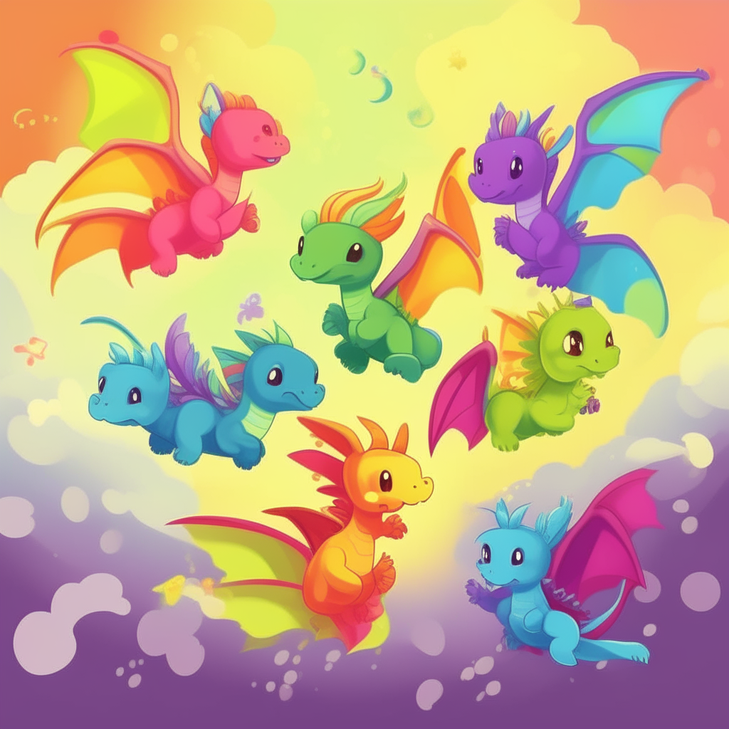 Cute baby dragons of different colors flying through a beautiful rainbow
