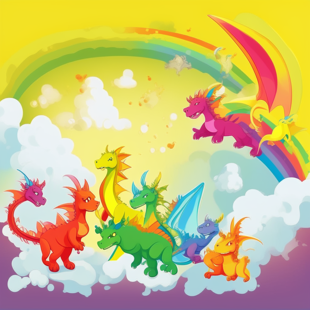 Small colorful dragons soaring through a shining rainbow on a sunny day