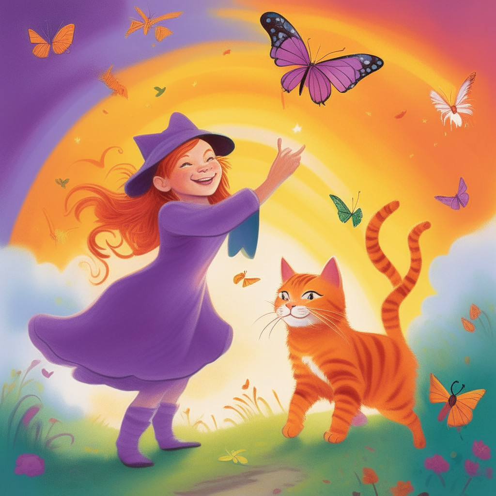 A witch in a purple dress smiles as her orange tabby kitten chases a butterfly under a colorful rainbow in the sky.
