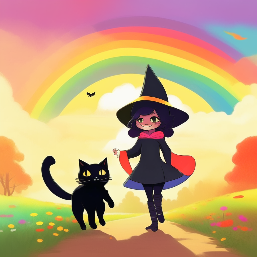 A cute witch taking her black cat for a stroll through a beautiful rainbow on a sunny day.